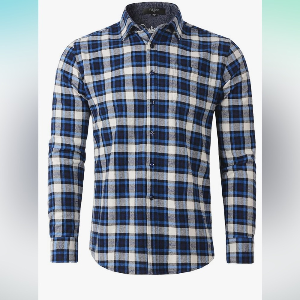 Men’s blue white and black plaid long sleeve button down shirt